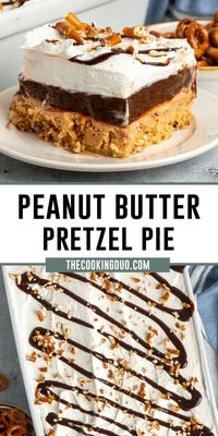 This chocolate peanut butter pretzel pie is a luscious dessert combining a buttery, salty pretzel crust with layers of rich, no-bake peanut butter cheesecake and pudding and topped with a sweet and salty topping of whipped cream, crushed pretzels, and chocolate sauce.