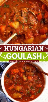 Out of delicious comfort food ideas? This Hungarian Goulash combines slow-cooked beef stew meat with onions, tomatoes, carrots, and potatoes. This simple soup recipe makes a tasty recipe for dinner or an easy winter recipe. Save this pin!