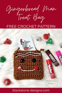 Crochet Gingerbread Man Treat Bag Pattern - Free from Blackstone Designs - Perfect for gift cards, candies, or other small gifts! Works up super fast, making them perfect for classrooms or church groups! #crochet #gingerbread