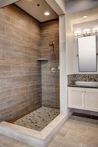 modern shower with wood tile                                                                                                                                                                                 More