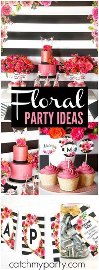 Such a pretty black and white striped floral party! See more party ideas at CatchMyParty.com!