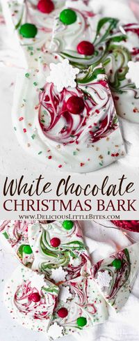 White Chocolate Christmas Bark is an easy recipe for a fun holiday treat. This recipe is made with white chocolate, red and green candy melts, candy, and festive sprinkles. It’s a great recipe to make with kids or give as gifts. | #christmas #christmascandy #candybark #whitechocolatebark #christmasbark