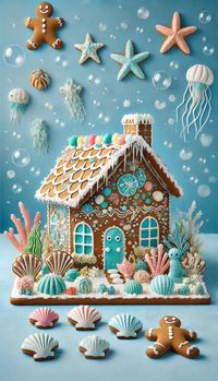 Get inspired with these 21 gingerbread decorating ideas that will bring creativity and joy to your holiday celebrations. --- A gingerbread house decorated with an underwater theme, featuring sea creatures made from icing, candy seashells, and coral designs, set against a blue background with bubbles and oceanic decorations.