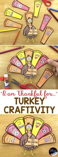 "I am Thankful for..." Thanksgiving Turkey Craftivity!  Makes a great Thanksgiving Bulletin Board or Fall Bulletin Board in your classroom.  Thanksgiving craft | Turkey Craft | Thankful for Craft | Thanksgiving Activities | Thanksgiving Writing | Thanksgiving for Kids | Thanksgiving Classroom Ideas | Thanksgiving Fun Printables | Thanksgiving no prep activities | Thanksgiving no prep craft