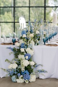 Blue and white wedding tablescape