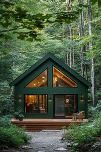 Small modern mountain chalet facade in forest green color with exposed beams forest clearing in the background. Check out all of these charming small mountain houses that blend style with nature for an affordable dream retreat.