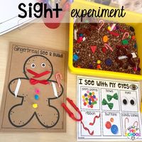 Sight experiment and ideas for a five senses science unit all about gingerbread! It is the perfect theme during the holidays in a preschool, pre-k, and kindergarten classroom.