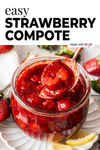 Strawberry compote (aka strawberry topping), is sweet, tangy vibrant and delicious. And with just 4 ingredients and 15 minutes it's so easy to make. This chunky strawberry sauce is great for topping pancakes, waffles, ice cream, cheesecake - even fill cinnamon rolls – you name it. A simple and quick Homemade Strawberry Topping is all you need to elevate any dessert (or even breakfast). This recipe is quick and simple and perfect for those summer strawberries.