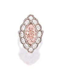 FANCY LIGHT BROWNISH PINK DIAMOND, PINK DIAMOND AND DIAMOND RING. Centring on a marquise-shaped fancy light brownish pink diamond weighing 4.06 carats, surrounded by brilliant-cut and oval diamonds together weighing approximately 3.45 carats, embellished by circular-cut pink diamonds, mounted in 18 karat white and pink gold.