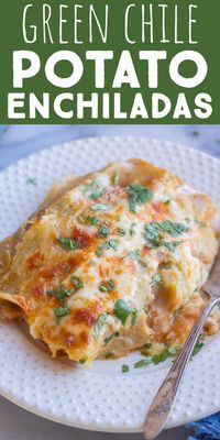 Do you love fresh green chile? If so, you're going to love these Cheesy Green Chile and Potato Enchiladas! These vegetarian enchiladas are the perfect meal to warm you up this winter. They're made with both chopped green chile as well as green chile enchilada sauce. The potatoes are seasoned perfectly and add so much flavor to this easy weeknight dinner! #vegetarianenchiladas #greenchile #cheeseenchiladas #dinnerrecipe #familydinner