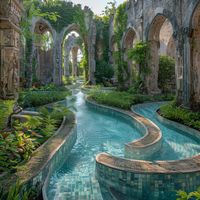 **a long lazy river made of light blue tile leading to a round pool in the center of a lush garden inside the ruins of a gothic style cathedral in bright daylight** - Image 3