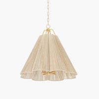 Our textural Sonoma Abaca Rope Pendant embodies breezy sophistication, with its feminine silhouette and refined mix of materials  The bell-shaped shade is scalloped and suspended by delicate vintage gold leaf metalwork. The Sonoma Pendant is a timeless addition to any well appointed interior, whether placed in a coasta