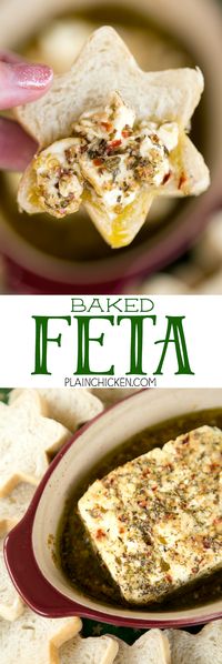 Baked Feta - feta marinated in olive oil, red pepper flakes, lemon zest, garlic, pepper, oregano and baked. SO easy and SOOOO delicious! Great for parties! Serve with french bread slices or pita chips.