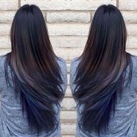 Oil slick blue hair extensions on dark brown hair