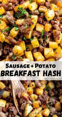 This Sausage and Potatoes Breakfast Hash Recipe is an easy 2 ingredients meal. Ground pork sausage and fried potatoes will keep you full well into your day. #breakfastrecipes #breakfasthash #sausagerecipes #potatorecipes #brunchrecipes