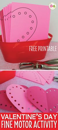 Looking for a fun Valentine's Day activity for kids? With this free printable, kids can cut and use a hole punch to make and decorate cute hearts. Use them to decorate your room. This is the perfect activity for your preschool, pre-k, kindergarten, or SPED classroom. A great addition to your Valentine's Day theme or February theme units or lesson plans. Kids can practice scissor skills and strengthen fine motor skills with a hole punch. Cute Valentine, cute Valentine's Day activity.