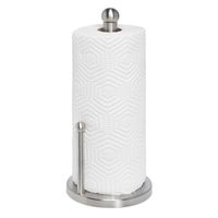 Provides a sophisticated look any kitchen decor Features small arm for easy paper towels tear-away Knob on the top keeps roll from sliding off of holder Fits standard and jumbo sizes paper towel rolls Dimensions: 8"L x 8"W x 15"H KCH-01077 Roll your messes away with this trusty silver paper towel holder. Prop it up in your kitchen or keep it inside a kitchen cabinet. Either way, this silver holder will keep your paper towels at the ready for those nasty spills and inconvenient clean-ups.