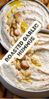 Roasted Garlic Hummus is a delightful homemade dip crafted from roasted garlic, chickpeas, tahini sesame paste, lemon juice, and various spices. Pair it perfectly with homemade pita chips for a fantastic snack!