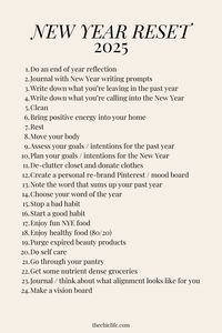 Click for a FREE guide and set of checklists to help you do a New Year Reset 2025 so you can have your best year yet. Use this list of 2025 New Year Reset ideas to for reflection, clearing, letting go, and make space for the new year. And also use this list to plan, bring in positive energy, and set yourself up for success in the new year. Happy New Year! Save this with your self care ideas and/or add it to your vision board! Have a wonderful 2025!