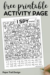 Free Printable I Spy Camping Kids Activity. Road trip game or boredom buster for rainy day or summer boredom kids activity. #papertraildesign #ispyfree #rainyday #imbored #printable #kids #kidsactivity #camping #campingispy