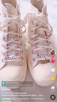 Add taylor swift eras tour style friendship kandi beaded bracelets to the holes on shoe laces.