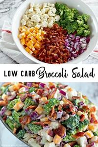 Make Low Carb Broccoli Salad for a crisp, creamy, refreshing side dish! This fresh salad is filled with broccoli, cauliflower, bacon, purple onions, cheese, and a homemade dressing your family will really love.