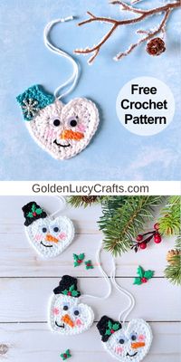 DIY Christmas ornament, free crochet pattern, heart-shaped snowman ornament, can be used as a gift topper