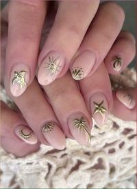 Beach summer nails with starfish, Turtles and palm trees on, on short oval nails. Nude gel base,  with gold chrome on 3d design.