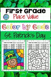 First Grade Math Color by Code Place Value! St. Patrick's Day Math First Grade will help your students understand place value. Fun for morning work, math centers and even homework! It includes 8 Color by Code printables and 8 answer sheets. Take a peek at the video preview! 1.NBT.2 – Understand that the two digits of a two-digit number represent amounts of tens and ones. #stpatricksdaymath