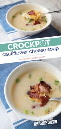 A low carb friendly hearty soup! This Crockpot Cauliflower Cheese Soup is so easy to throw together and delicious topped with bacon. | @MomsWCrockpots #soup #crockpot #slowcooker #keto #lowcarb #cheese #cauliflower