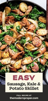 This recipe ticks all the boxes—a little meaty, some dark leafy greens, and some starchy goodness. An easy one-pan sausage, kale and potato skillet that pleases everyone, from cook to clean-up crew.