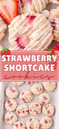 These Strawberry Shortcake Cookies are buttery, biscuit-like cookies packed with chunks of fresh strawberries and topped with a sweet glaze. reminiscent of the classic strawberry shortcake dessert, but in a cookie!