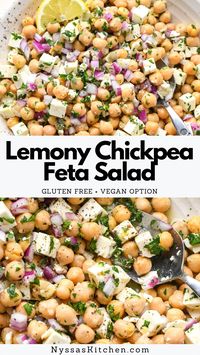 This lemony chickpea feta salad is a super simple and incredibly satisfying summer ready salad that is picnic ready! Made with sturdy chickpeas or garbanzo beans, bright and briny feta cheese, fresh herbs, and a simple lemony vinaigrette. Ready in less than 20 minutes and absolutely packed with flavor! Gluten free, vegetarian, and vegan option.