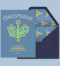 Celebrate the Chrismukkah! Use this premium (ad-free) Evite invitation with hand-crafted details of menorah decorated with light bulbs.