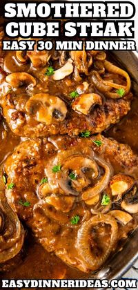 Smothered in a rich brown gravy with mushrooms and onions, this smothered cube steak is ultra tender and ready in just 30 minutes! Serve over mashed potatoes for the perfect easy comfort food dinner.