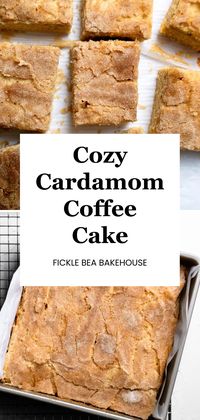 Warm and sweet cardamom sour cream coffee cake with a touch of ground cinnamon and a flaky cardamom sugar crust. Uses cake flour and the reverse creaming method for a guaranteed tender and moist cake! #coffeecakerecipe #brunchrecipe #breakfastrecipe #easycake #sourcreamcoffeecake