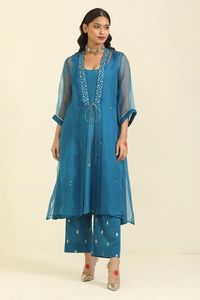 Buy Blue Organza Embroidery Mirror Inner Kurta Round Border Jacket Pant Set For Women by Trendy tokari Online at Aza Fashions.