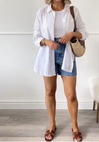 *this is a commissionable link  white top button down shirt tank mom dad denim shorts brown slide sandals beach comfy brunch outfit