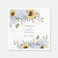 Floral Elegant Blue Hydrangea Sunflowers Wedding Party Napkins. Floral Dusty Blue Hydrangea and Sunflowers Personalized Wedding Napkins