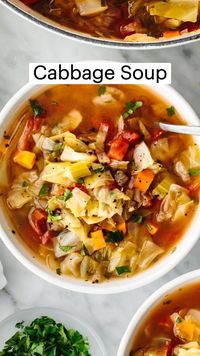 15min · 4 servings     For the full recipe + video: https://downshiftology.com/recipes/cabbage-soup/  Ingredients:   • Onion  • Carrot  • Celery  • Cabbage  • Canned Diced Tomatoes  • Vegetable Broth  • Lemon Juice  • Garlic  • Herbs: Dried Oregano, Dried Basil, Fresh Parsley