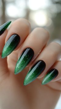 Elevate your Halloween style with a Green and Black Gradient nail design—mysterious and dramatic! This gradient adds a spooky, seamless transition to your nails for a wicked look. Click the pin for more hauntingly beautiful ideas and follow us for the latest trends! #GradientNails #HalloweenNails #GreenAndBlack #NailArt #SpookyDesigns