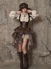 Brown Steampunk Asymmetrical PU Overall Dress with Detachable Train