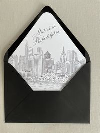 "This listing is for a digital file. You will receive a digital copy of a printable envelope liner as pictured. The envelope liner has a hand drawn illustration of the Philadelphia skyline and the words \"meet us in Philadelphia\". I do offer other skylines as well, if you don't see a listing for the skyline you want please message me and I can make it. If you want a copy without the words, or want the words RESIZED let me know and I can edit your file! :) NO PHYSICAL PRODUCT WILL BE SHIPPED. Th