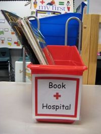 Book Hospital. Cute idea to stop the "this book is ripped!" disruption :)