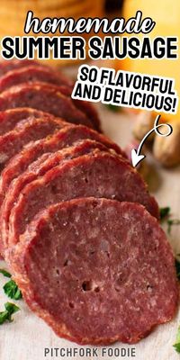 Homemade summer sausage, made with ground beef, is easy to make at home in the oven or smoker. Make this recipe at home for a great addition to a charcuterie board or a quick lunch. This smoked summer sausage is a perfect keto snack, or you can serve it with crackers and cheese. Try out this great homemade summer sausage recipe today!