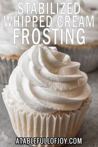 This whipped cream frosting is easy to make, tastes amazing, is light and fluffy, and perfect for decorating cakes and cupcakes! #frosting #dessert #cream #whippedcream #atablefullofjoy #easyrecipe #cupcake #cake