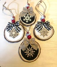 Natural wood round ornaments, set of 4, hand painted black and white, snowflakes, Buffalo plaid, burlap, red beads