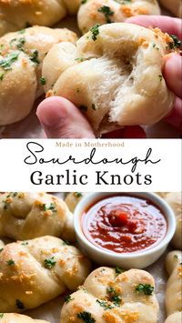 These soft and ripable sourdough garlic knots are brushed in a roasted garlic butter sauce, making them the perfect side for any pasta dish or pizza night.