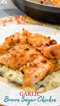 These brown sugar and garlic chicken thighs are a quick and easy baked chicken recipe that is perfect over rice like mushroom risotto. So quick to make for an easy weeknight dinner.