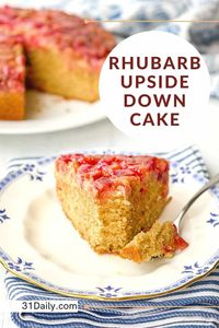 Celebrate the season with an easy Rhubarb Upside Down Cake. Baked and unmolded, this cake has a mosaic top of rhubarb baked into a brown sugar sauce over a vanilla, cinnamon cake. It's utterly delicious and simple to make.